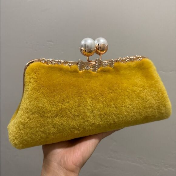 Genuine Shearling Leather “Pearl” Kisslock Clutch Bag/Evening Bag/Crossbody